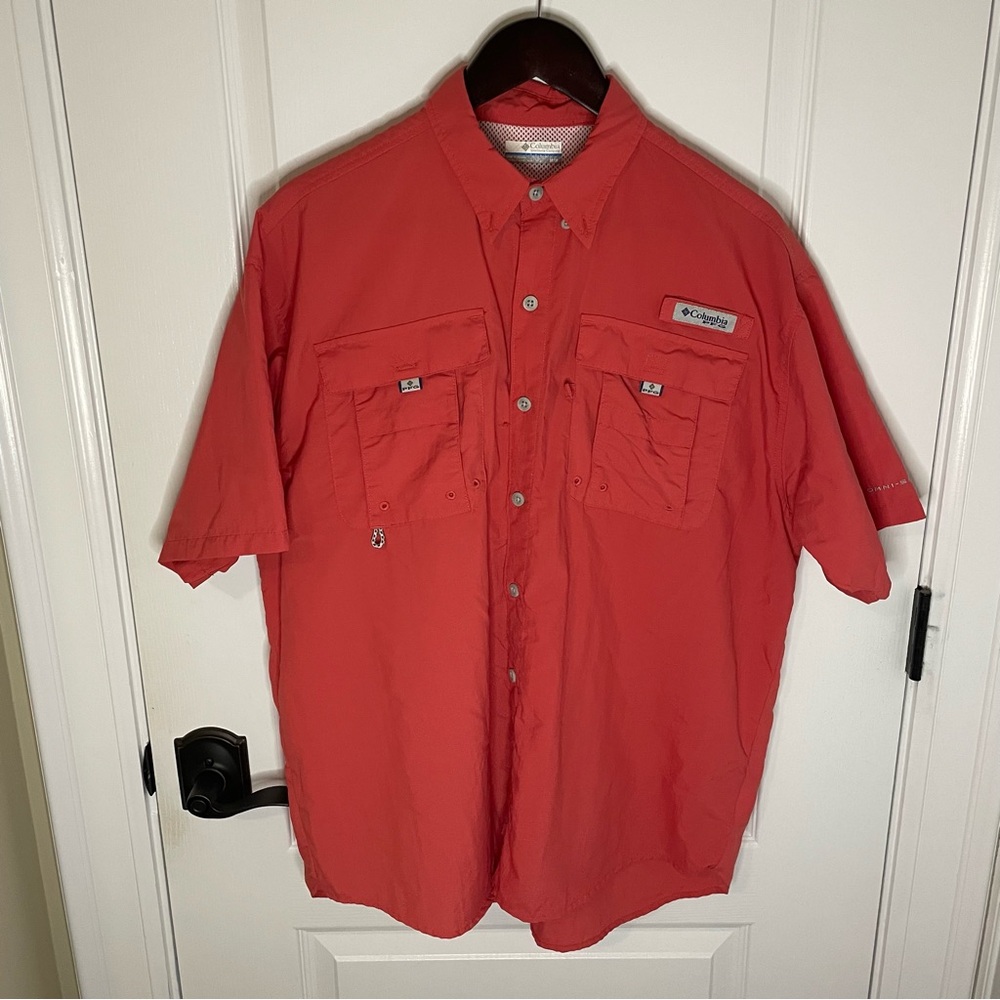 Columbia Men's Vibrant Salmon-Reddish PFG Fishing Button Down Shirt
